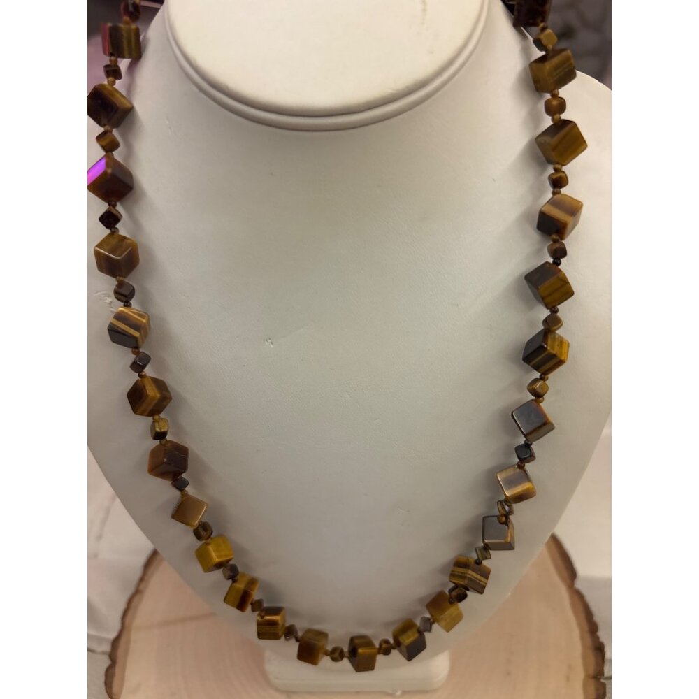 Artisan Tiger’s Eye Cube Necklace Natural Gemstone Boho Chic Statement Necklace